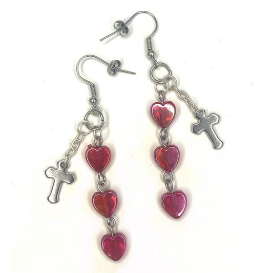 Earrings with red hearts and a chrome cross charm