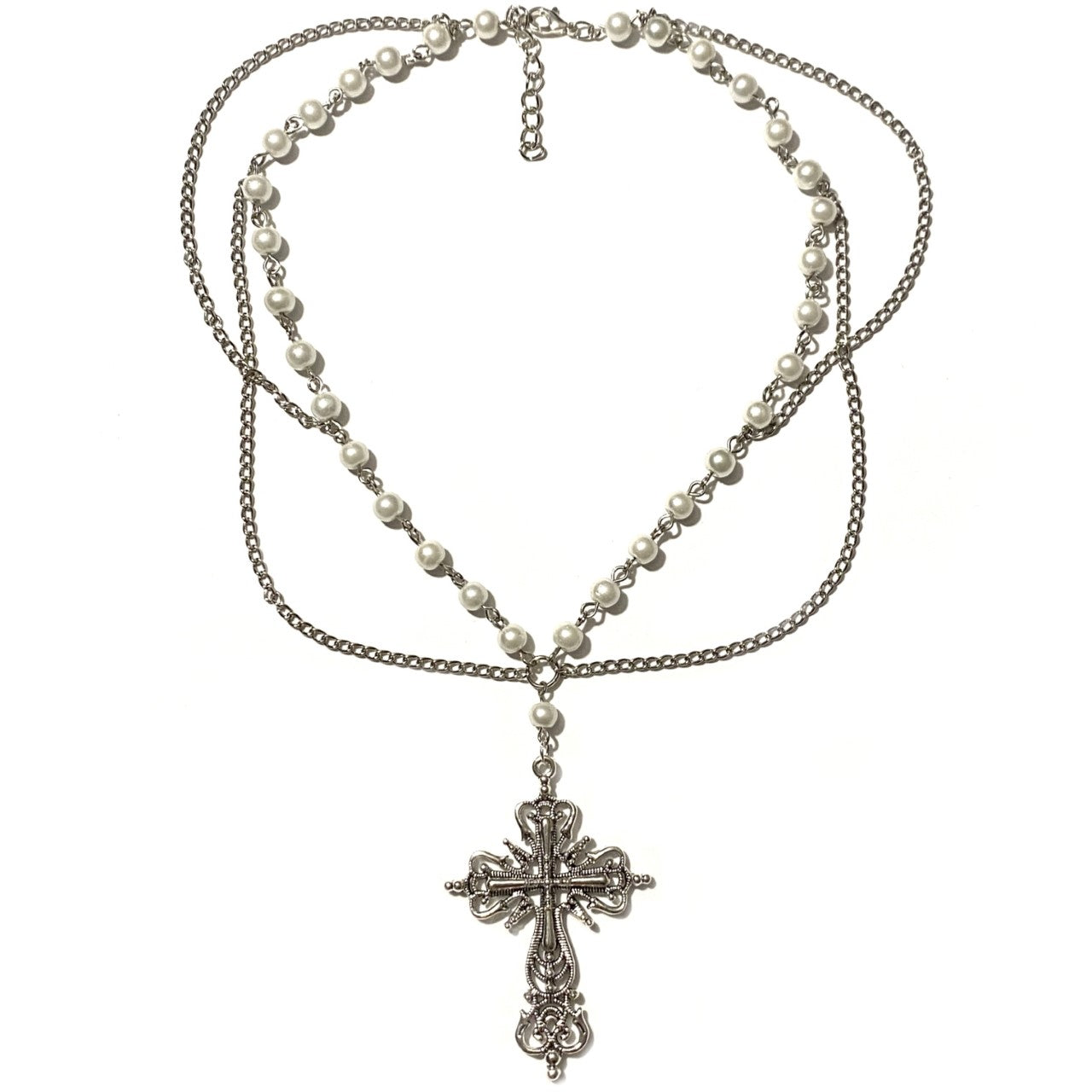 Necklace with White Pearls and a Silver Cross