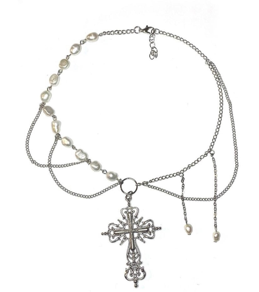 Necklace with Pearls Chain and A Cross - Fairyjeweler