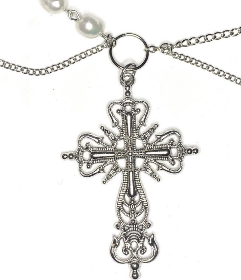 Necklace with Pearls Chain and A Cross - Fairyjeweler