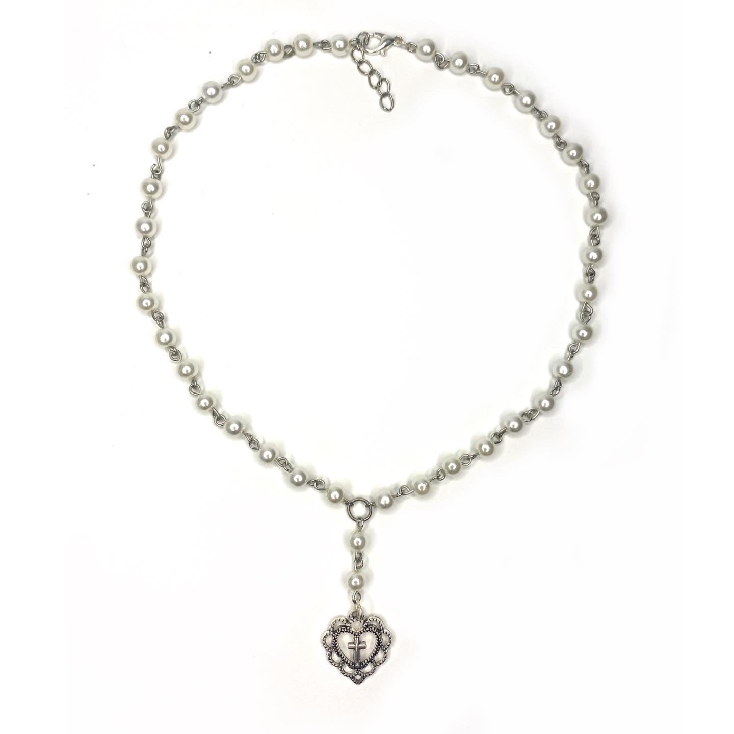 Necklace with Pearls and a Heart Charm with a Cross